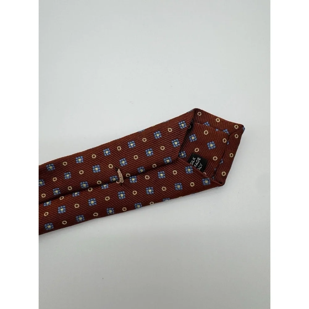 Barneys‎ New York Silk Tie Red Geometric Pattern Blue Gold Squares Made in Italy